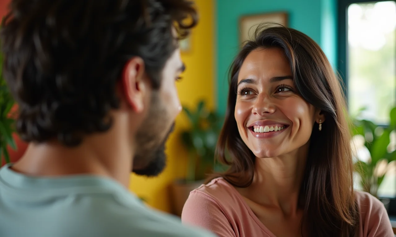 Mulher ouvindo atentamente seu parceiro, demonstrando empatia em ambiente vibrante.