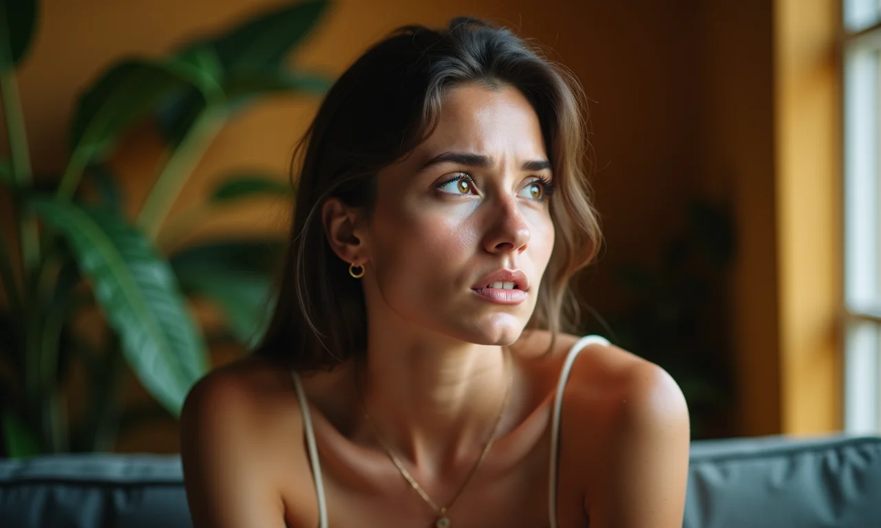 Mulher pensativa, lutando para perdoar, em ambiente acolhedor.