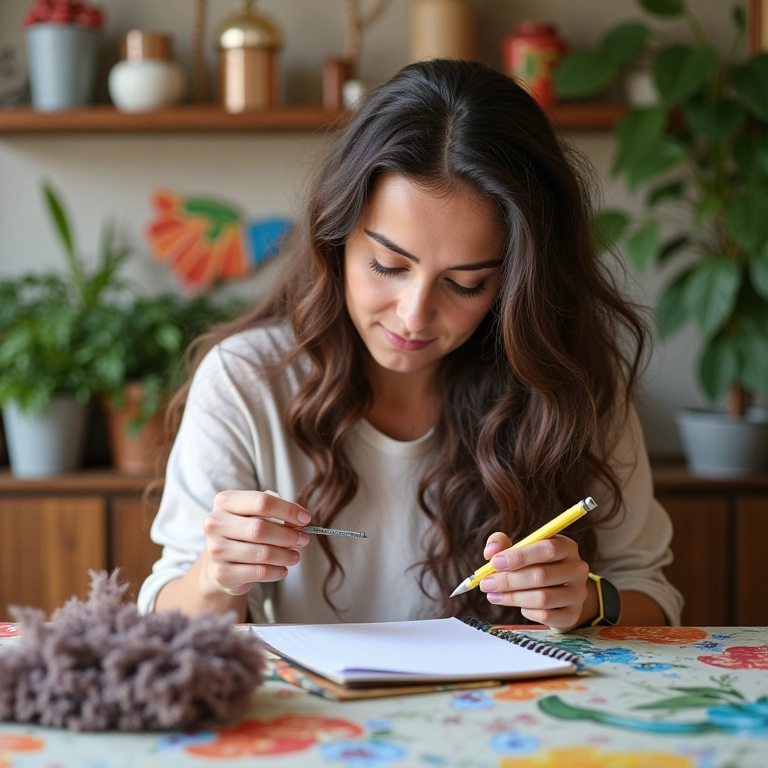 Mulher personalizando seu cronograma capilar com produtos e anotações.