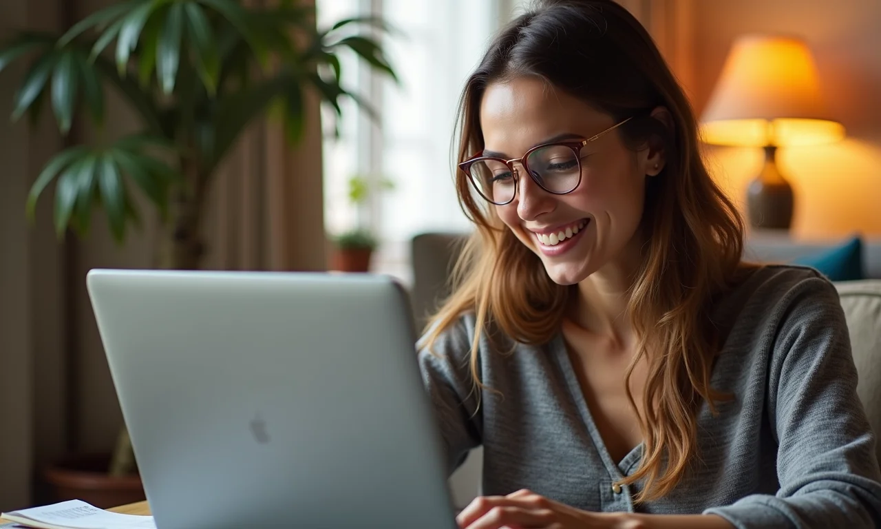 Mulher pesquisando preços de aluguel de helicóptero em laptop, ambiente doméstico.