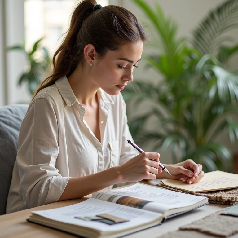 Mulher planejando decoração sustentável com amostras de materiais.