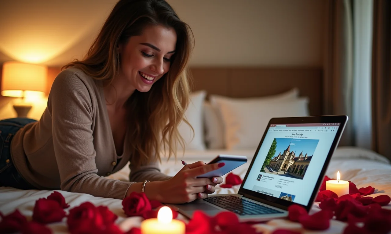 Mulher planejando surpresa romântica em hotel, com lista e laptop.