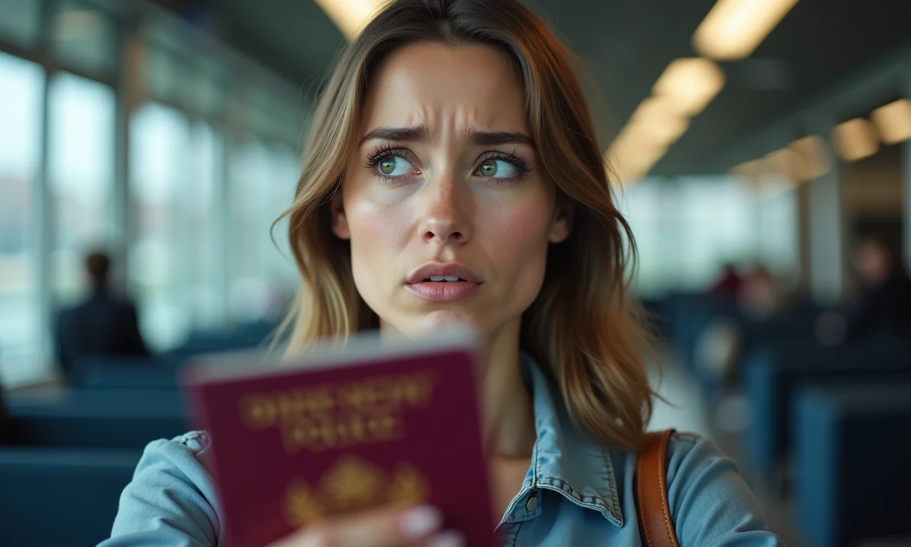 Mulher preocupada segura passaporte em frente a uma delegacia.