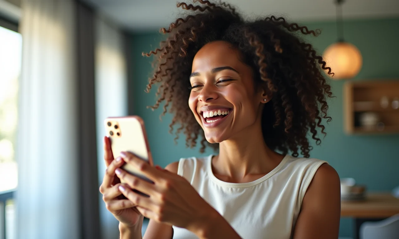 Mulher recebendo aprovação de empréstimo no celular.