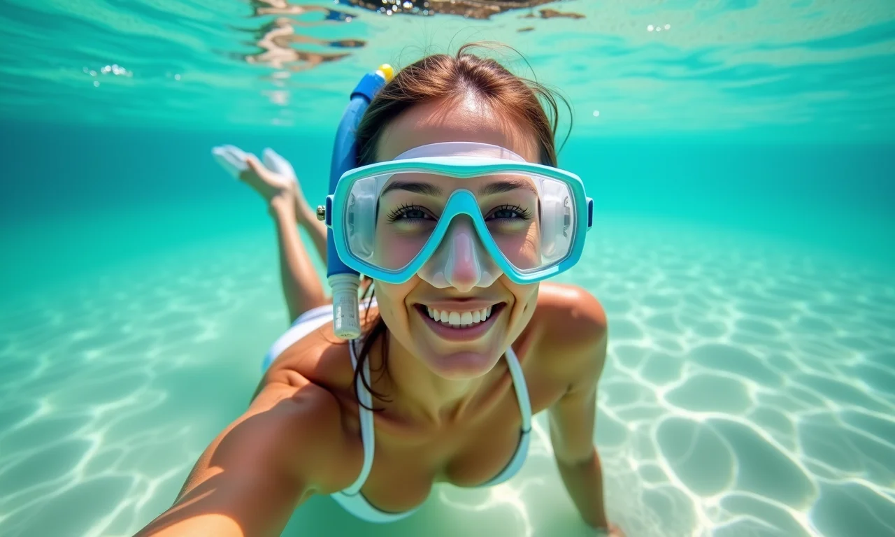 Mulher relaxando ao fazer snorkel em águas cristalinas.