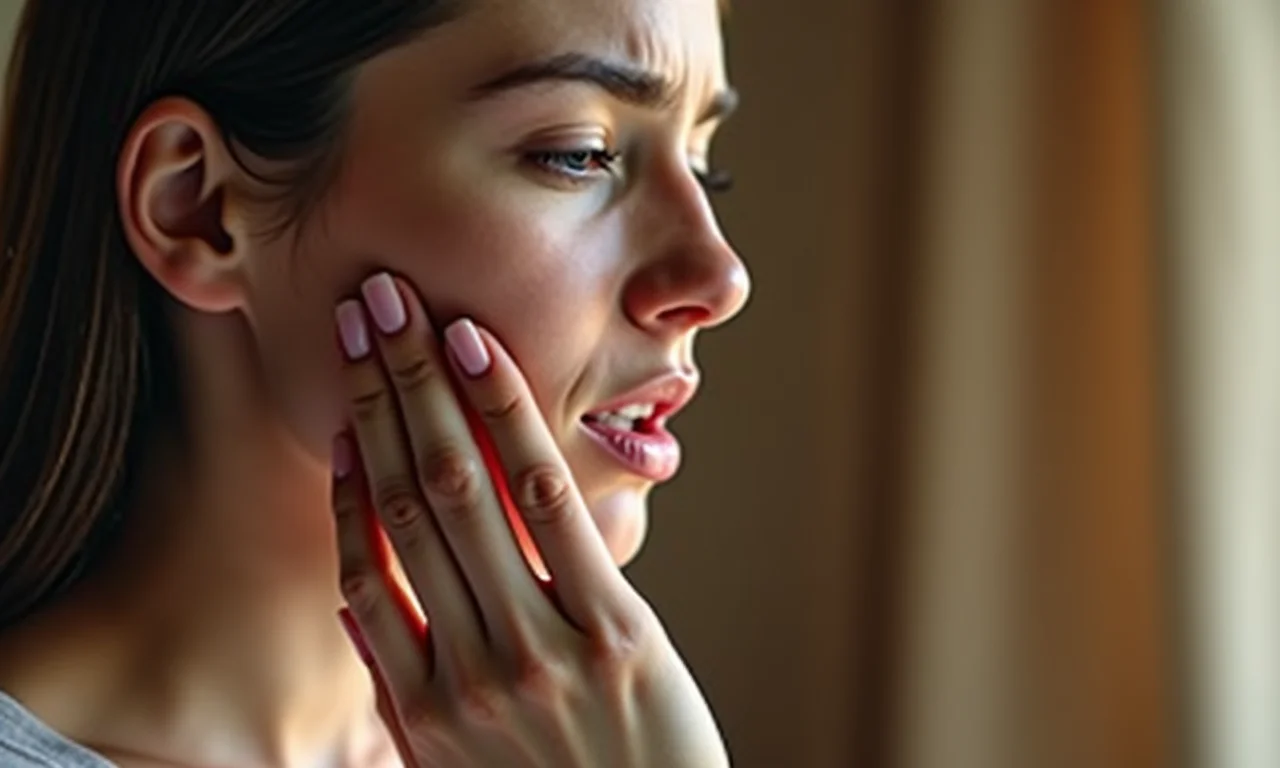 Mulher sentindo dor após clareamento dental.