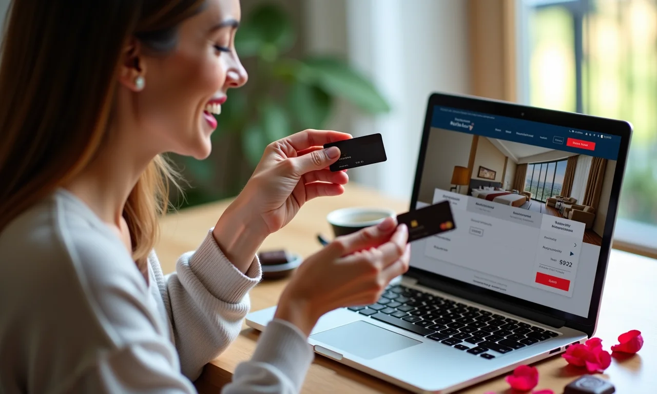 Mulher sorrindo ao planejar surpresa romântica no hotel com orçamento.