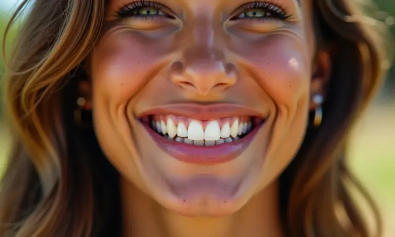 Mulher sorrindo com dentes brancos após clareamento dental.