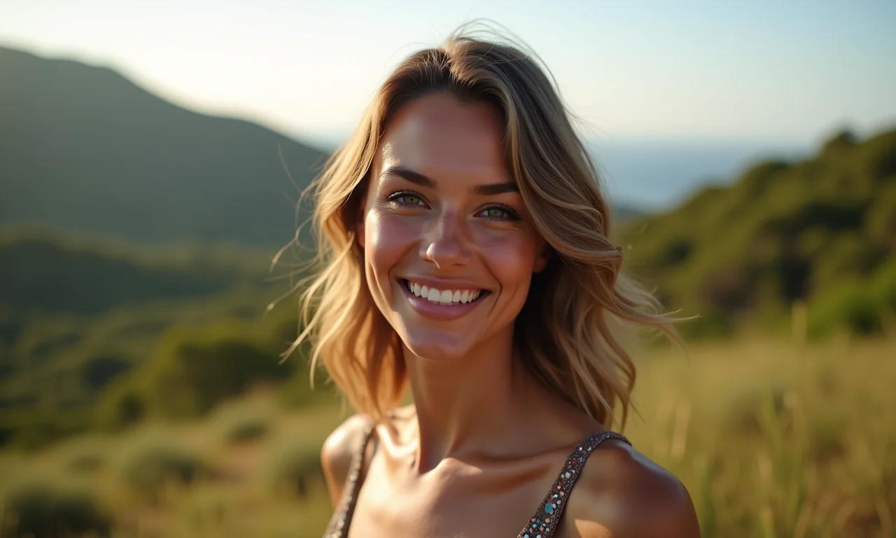 Mulher sorrindo confiante para foto.