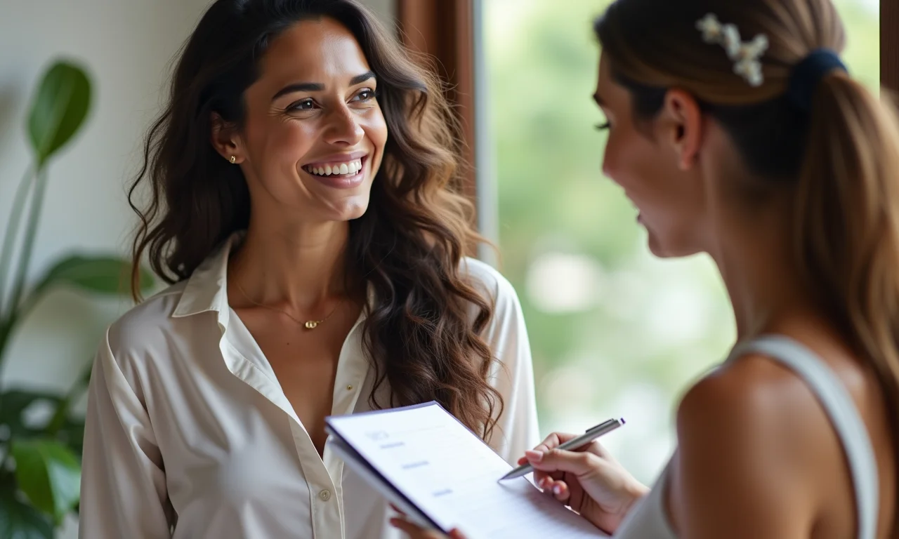 Mulher sorrindo conversando com wedding planner.