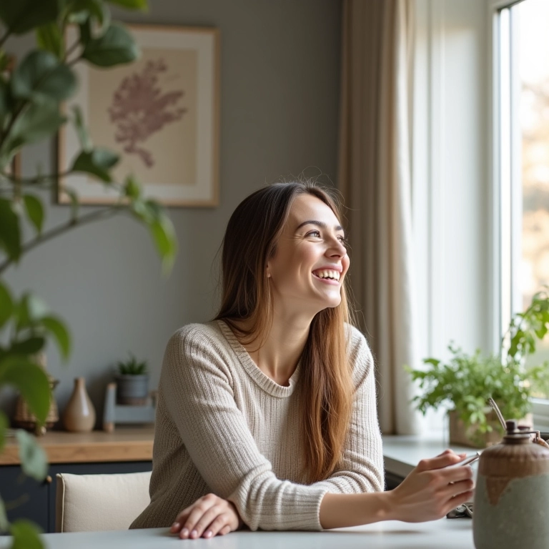 Mulher sorrindo, escolhendo decoração ecológica para sua casa.