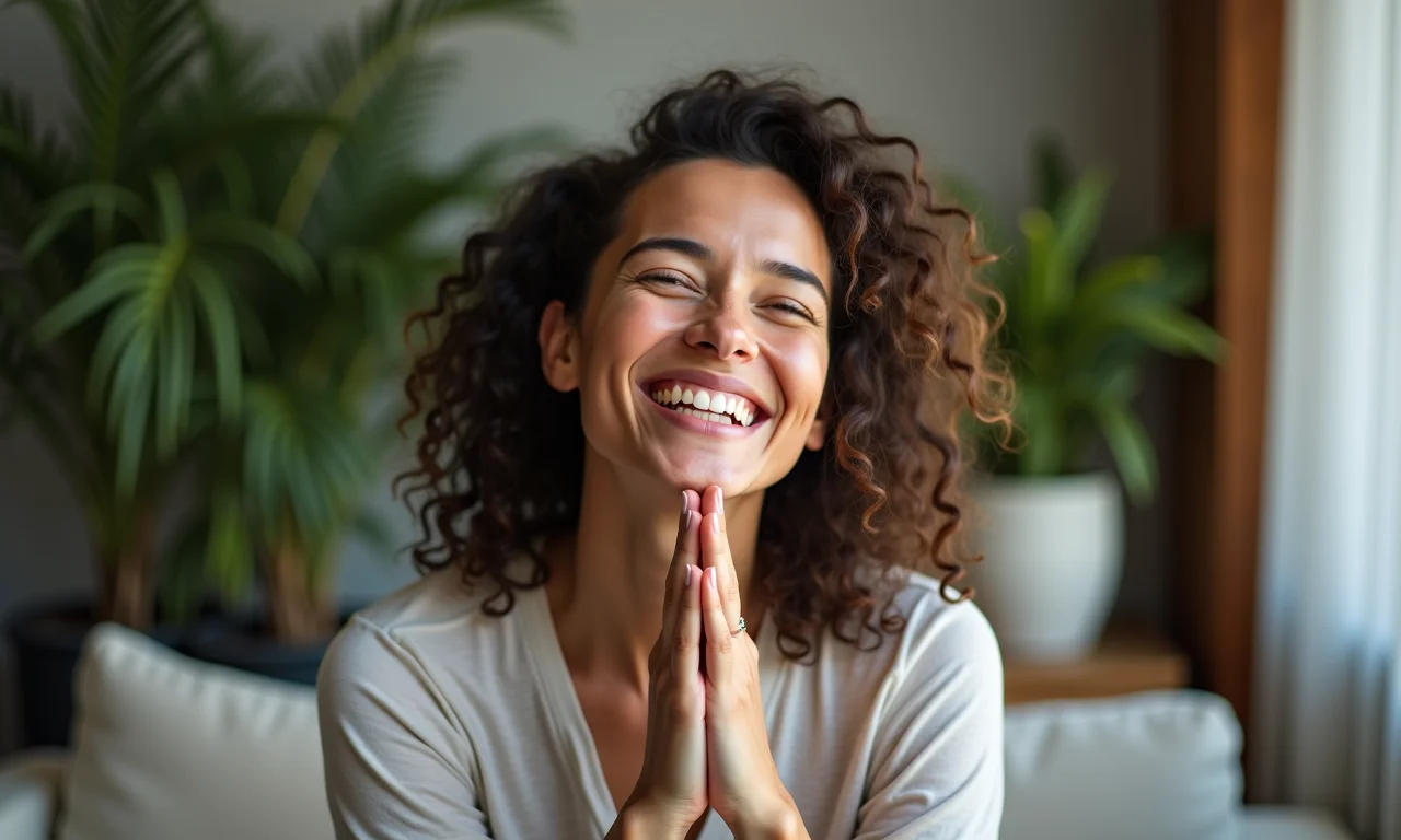 Mulher sorrindo genuinamente, demonstrando ter realmente perdoado.