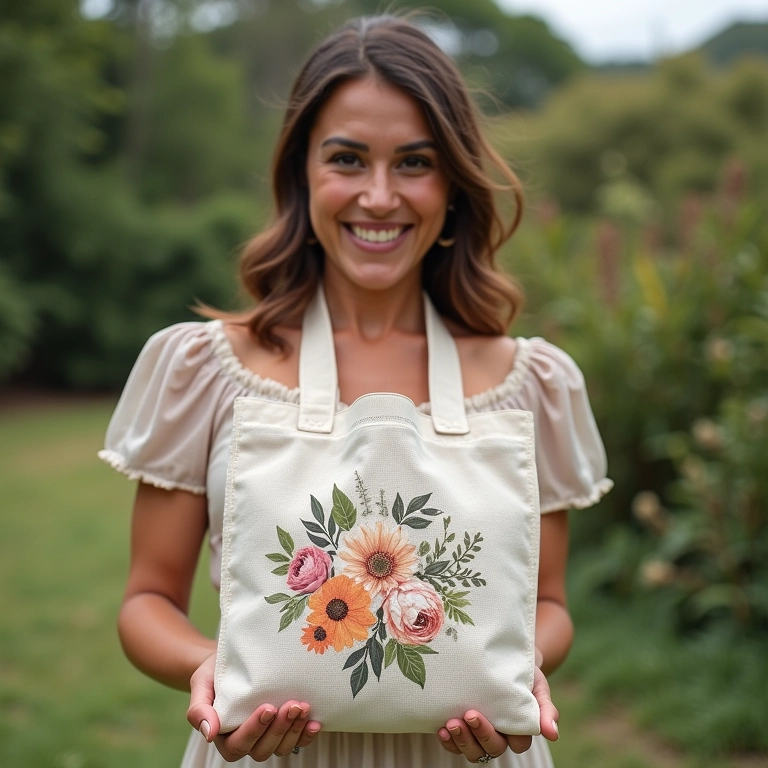 Mulher sorrindo segurando ecobag personalizada em casamento ao ar livre.