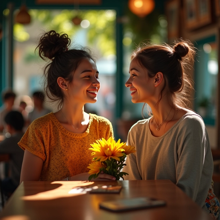 Mulher surpresa ao receber flores de amigo de infância em café.