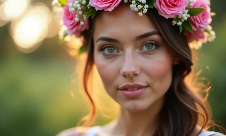 Mulher usando coroa de flores, visual romântico e delicado.