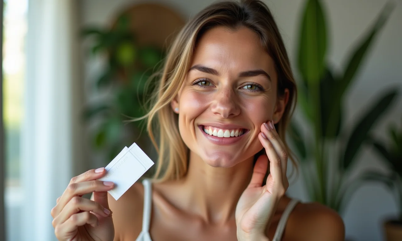 Mulher usando fita clareadora em casa.