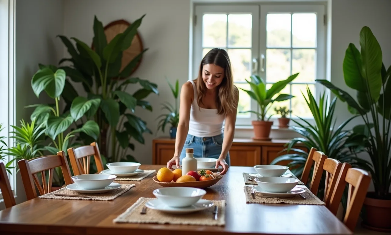 Mulher usando jogos americanos na mesa.
