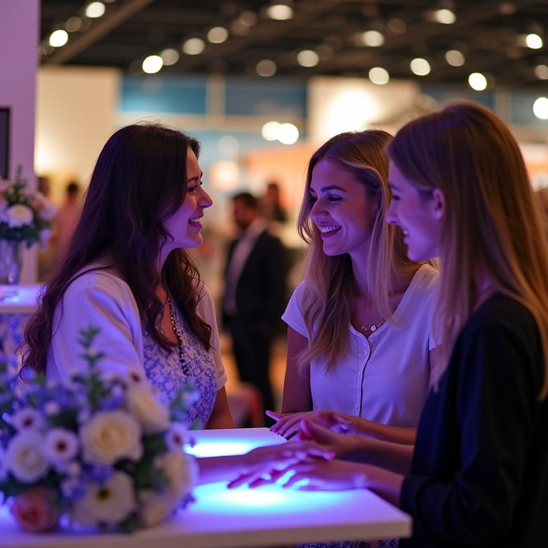 Mulheres discutindo móveis de LED.