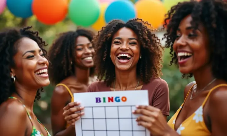 Mulheres diversas jogando bingo em chá de panela com decoração vibrante.