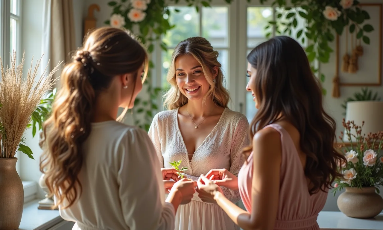 Mulheres escolhendo decorações de casamento, comparando estilos em loja com decoração Farm Rio.