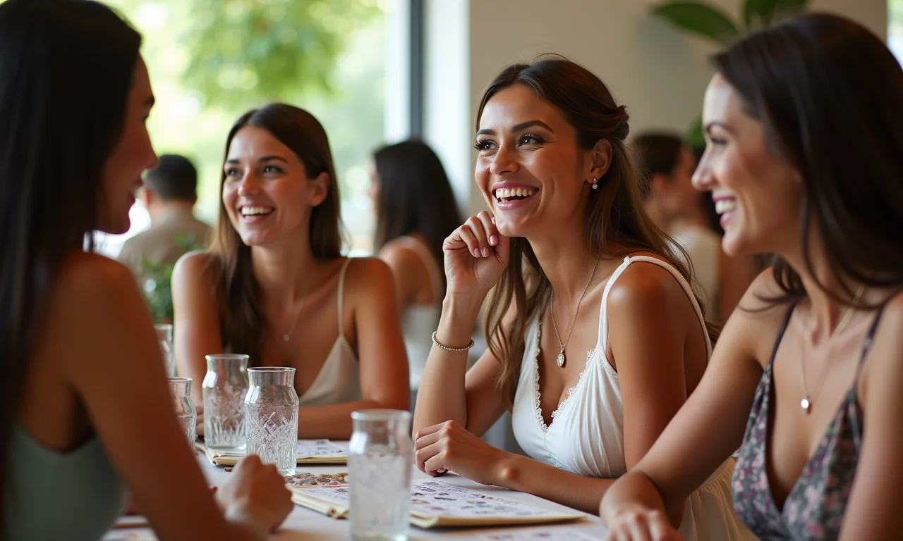 Mulheres jogando bingo animadamente em chá de panela.