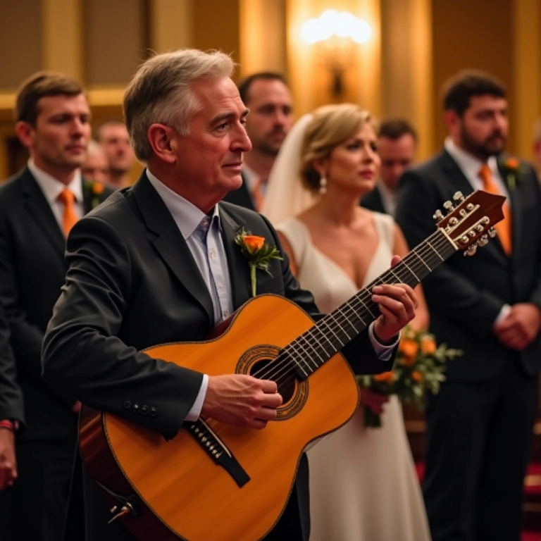 Músico tocando música clássica em homenagem aos avós durante a cerimônia de casamento.
