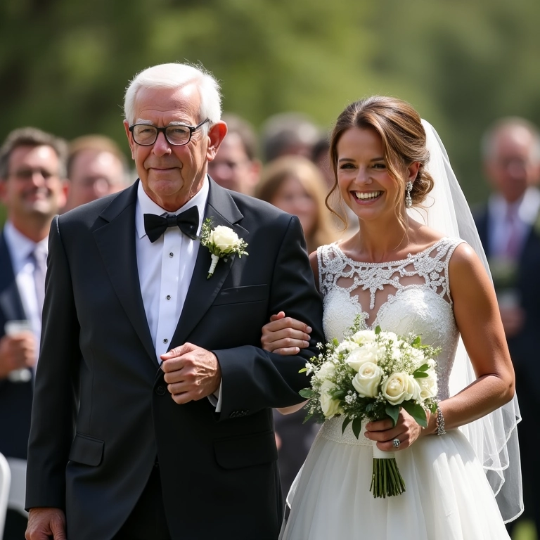 Noiva acompanhando seu avô até o altar em cerimônia de casamento.