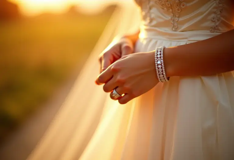 Noiva ajustando bracelete de diamantes em vestido de seda