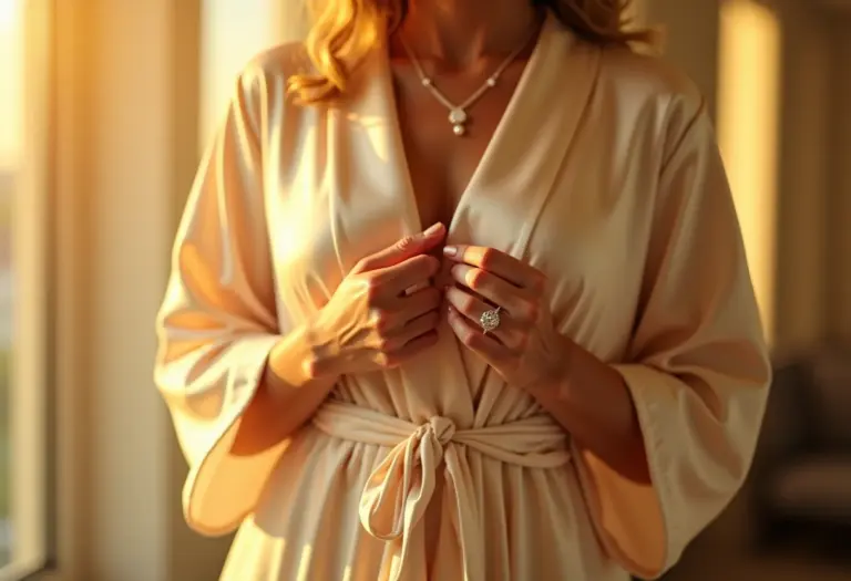 Noiva ajustando colar de diamantes em cenário de casamento luxuoso