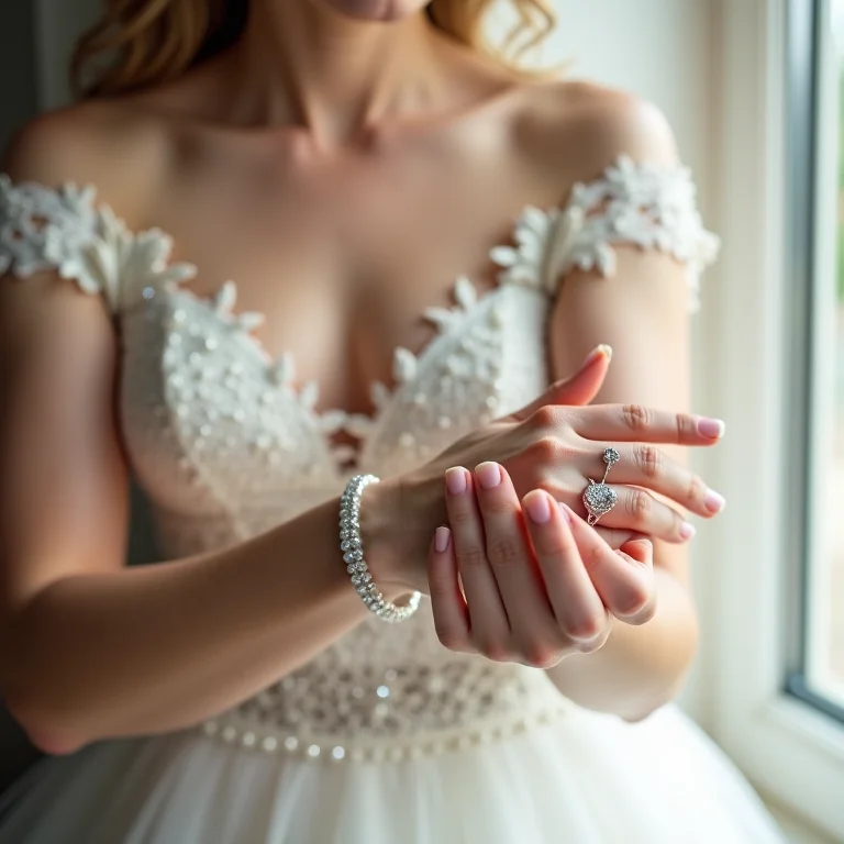 Noiva ajustando pulseira de diamantes confortavelmente