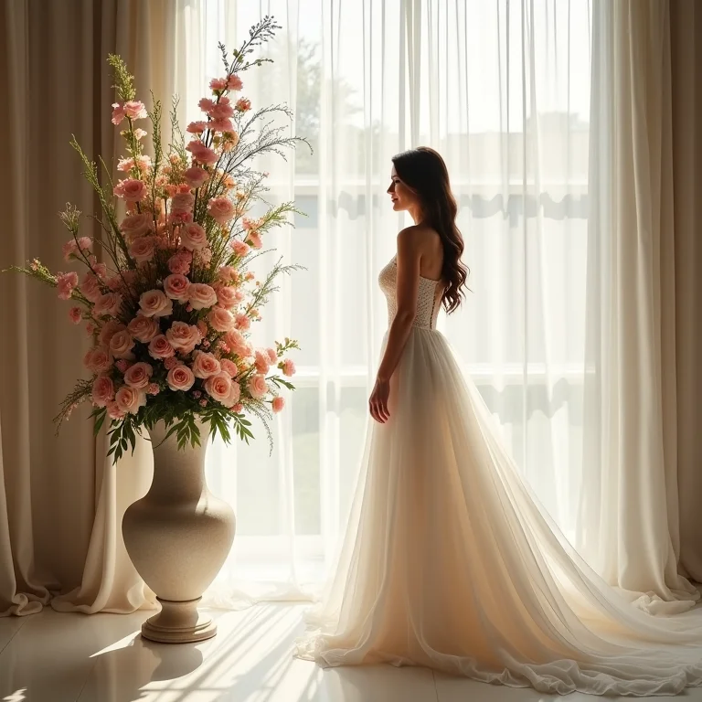 Noiva ao lado de um arranjo floral alto.