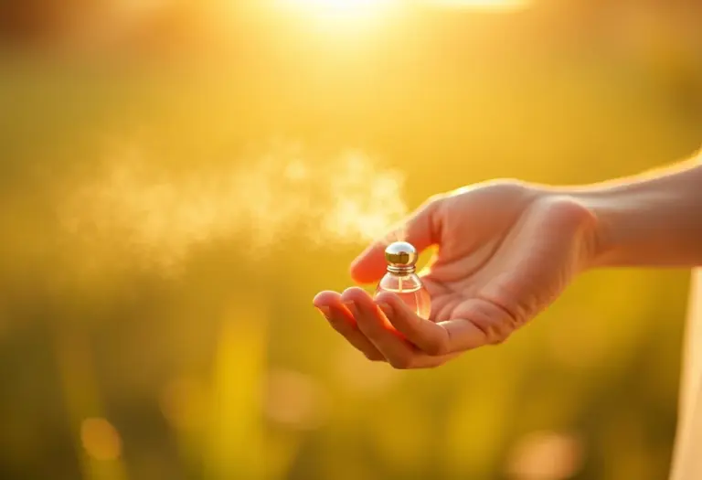 Noiva borrifando perfume em dia de casamento ao ar livre.