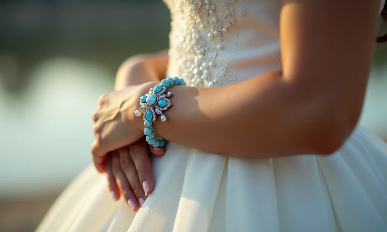 Noiva brasileira usando pulseira azul delicada, simbolizando a tradição de 'algo azul'.