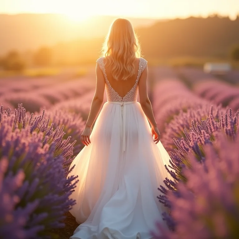 Noiva caminhando em campo de lavanda, renovação de votos.