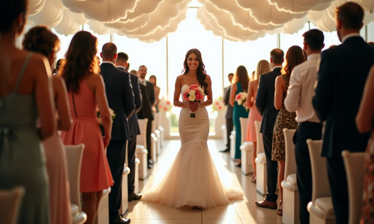 Noiva caminhando pelo corredor decorado com voal em casamento diurno.