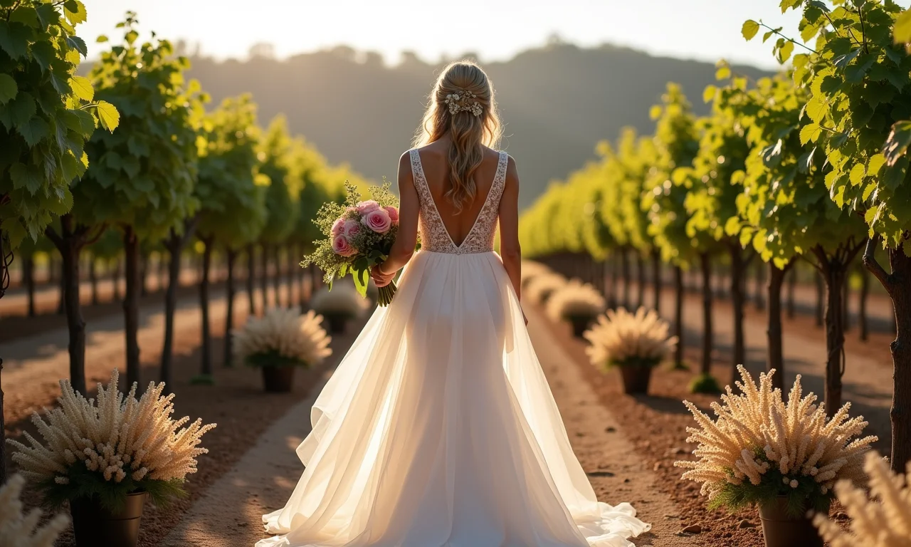 Noiva caminhando pelo corredor em casamento na vinícola.