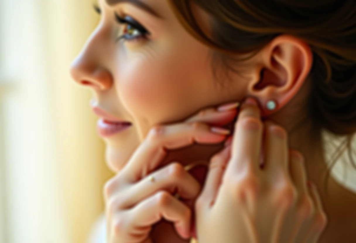 Noiva colocando brinco de diamante com luz suave