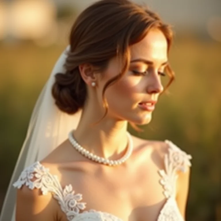 Noiva com vestido de renda e colar de pérolas