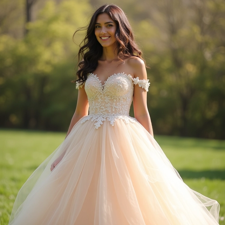Noiva com vestido leve e fluido em casamento de primavera