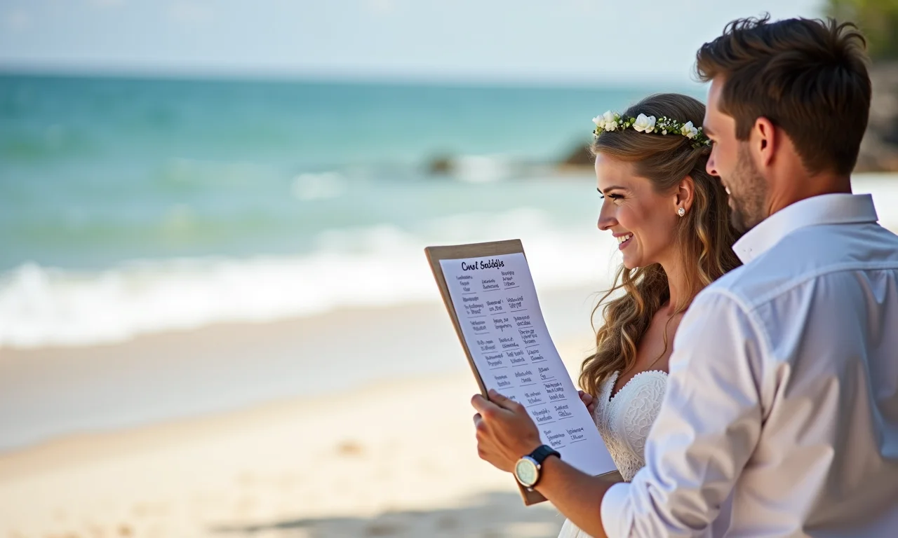 Noiva conferindo checklist para casamento na praia.