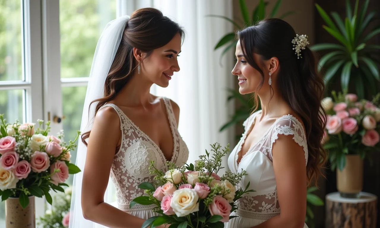 Noiva consultando florista sobre arranjos florais para casamento.