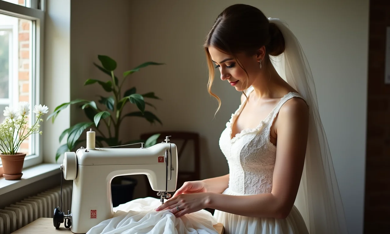 Noiva customizando vestido de noiva vintage.