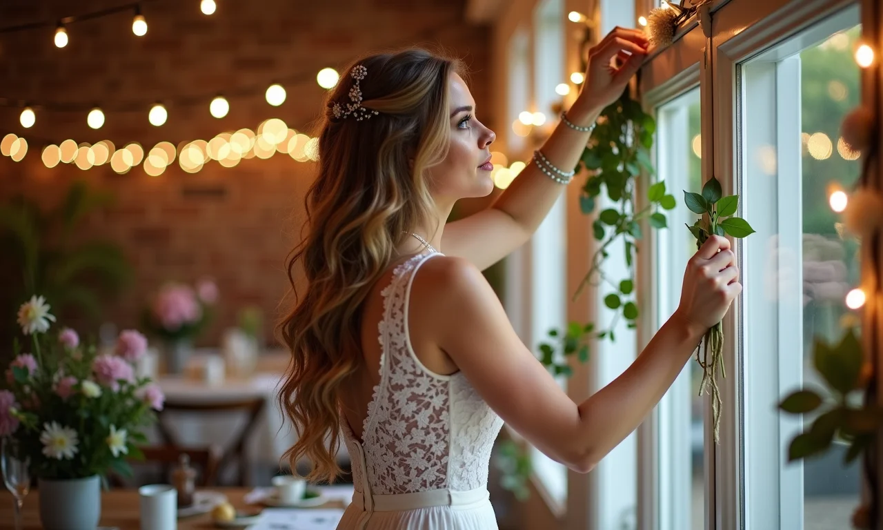 Noiva decorando o local do casamento com decorações upcycled, criando um ambiente personalizado e cheio de charme.