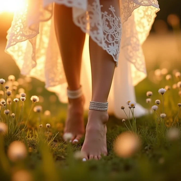 Noiva descalça em campo de flores silvestres