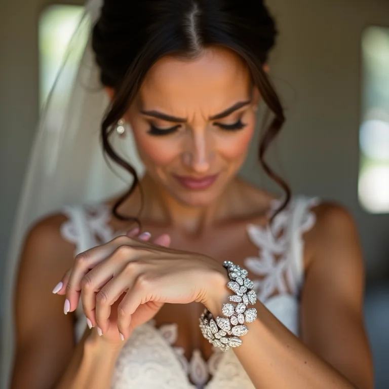Noiva desconfortável com pulseira de diamantes
