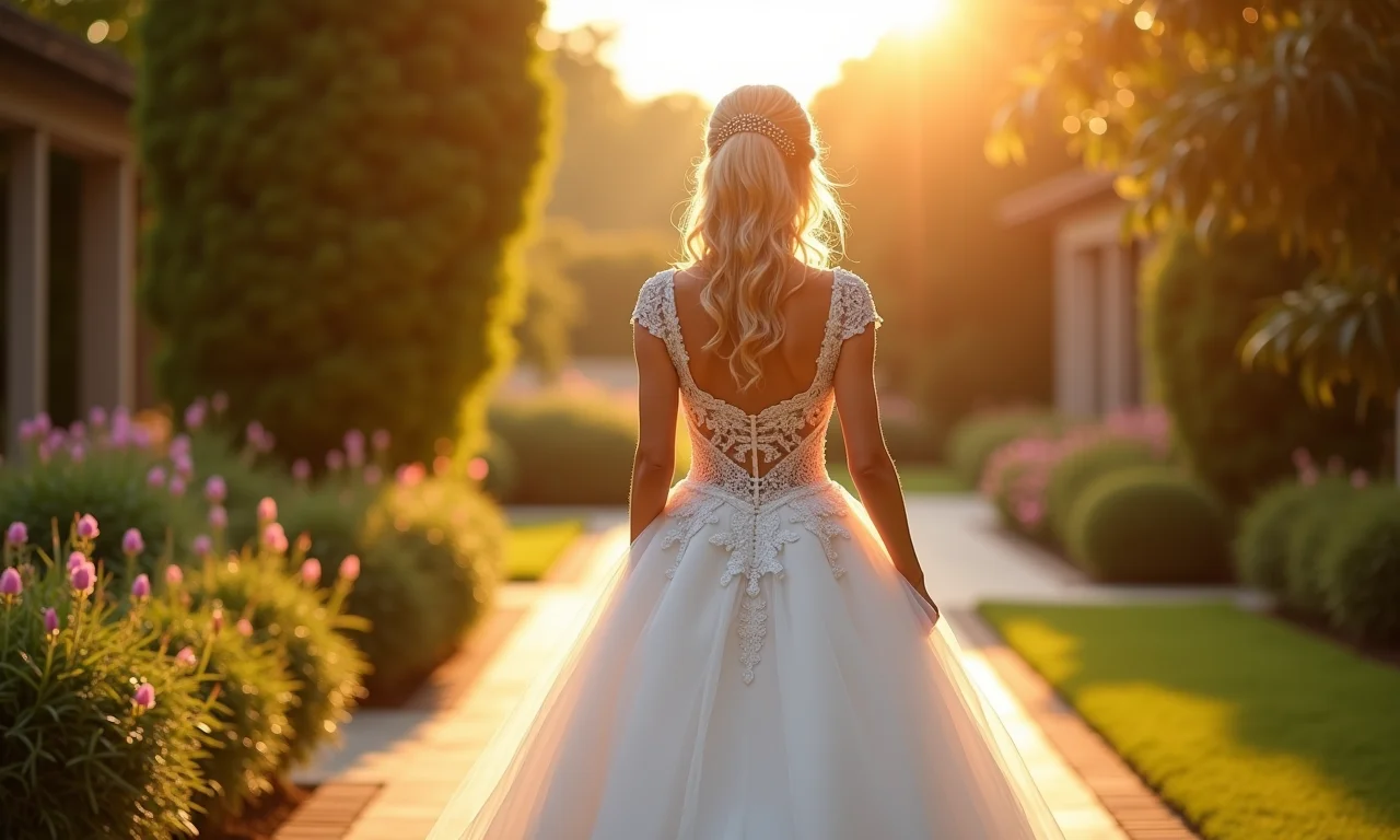 Noiva deslumbrante com vestido de princesa em jardim ensolarado.
