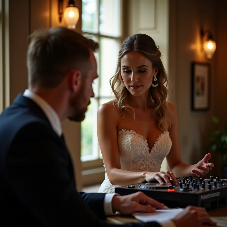 Noiva e DJ em reunião de planejamento do casamento.