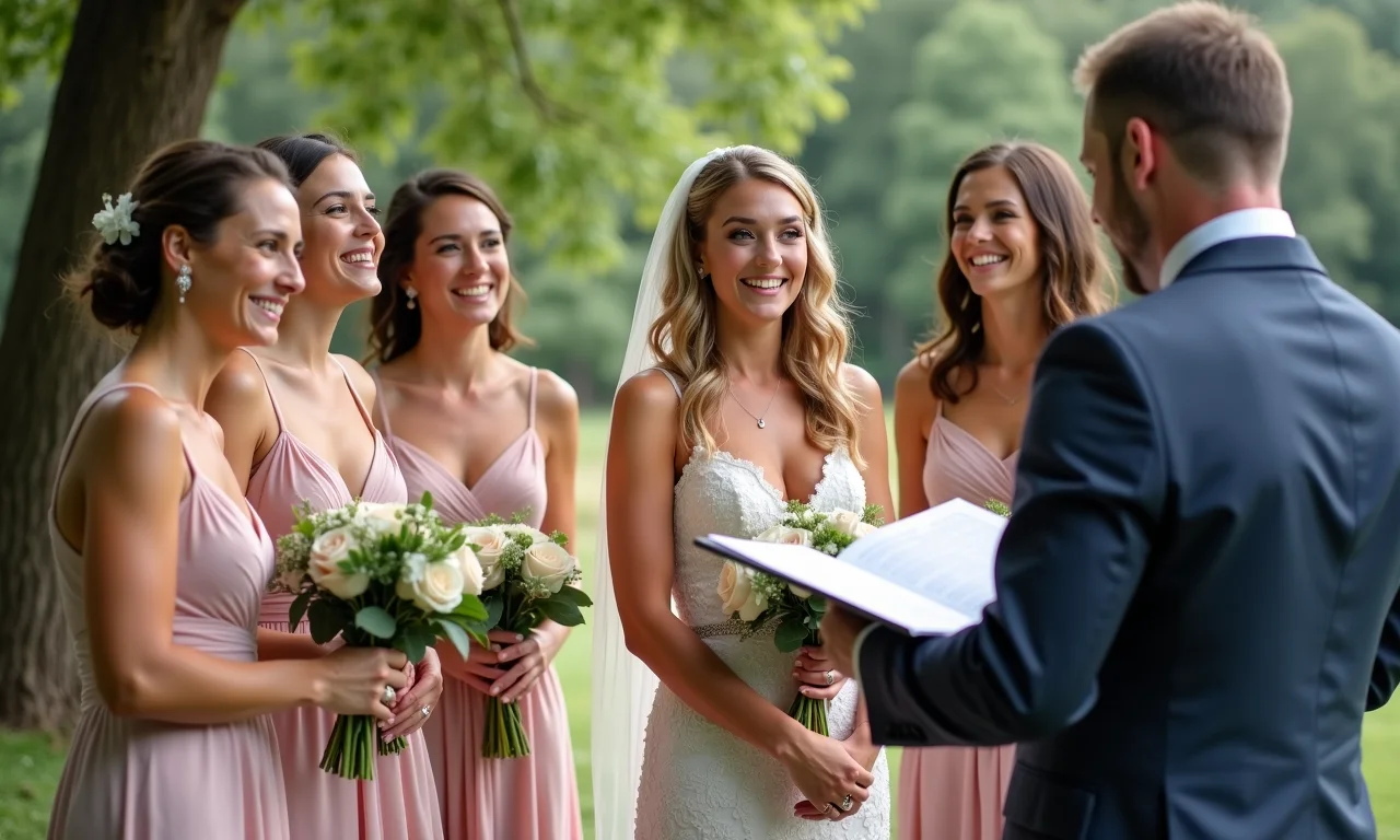 Noiva e madrinhas rindo com celebrante amigo.