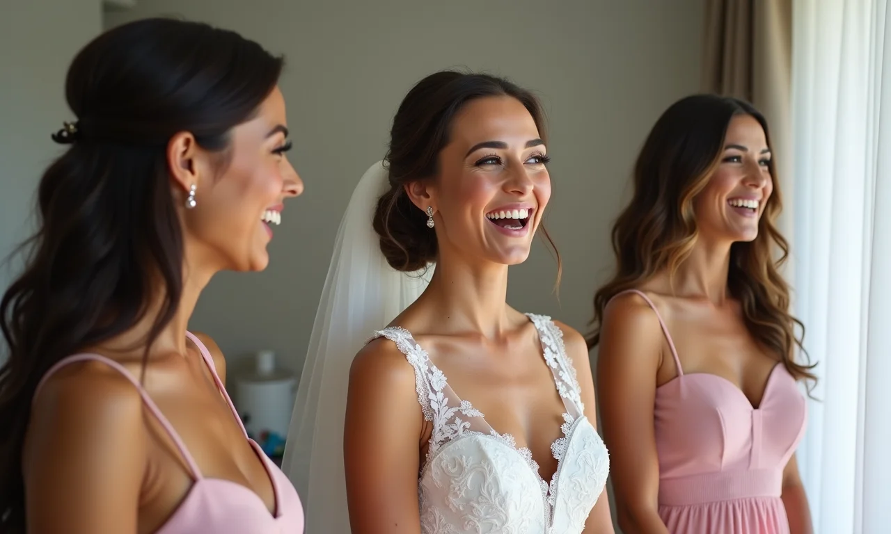 Noiva e madrinhas rindo no making of.