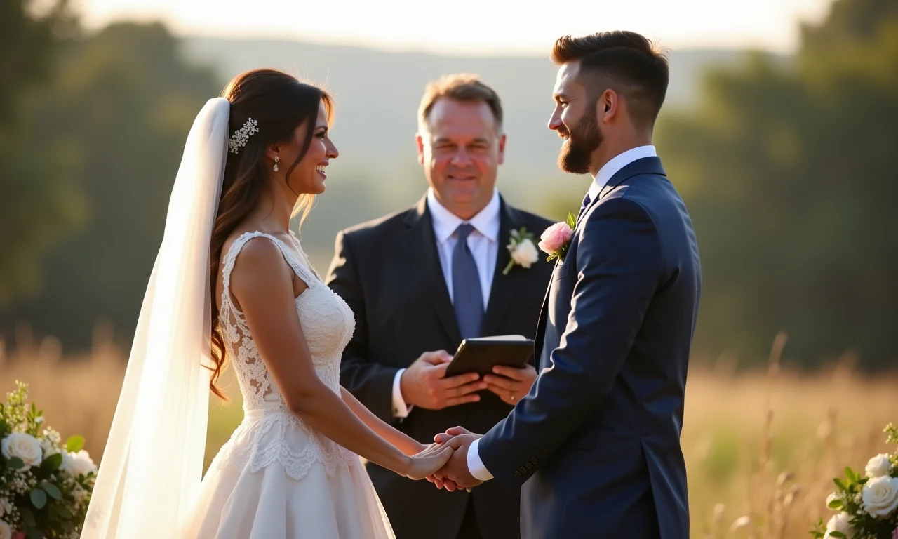 Noiva e noivo de mãos dadas durante cerimônia com celebrante amigo.